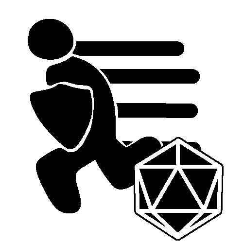 A running figure with a shield and speed lines, and a d20 in the corner.